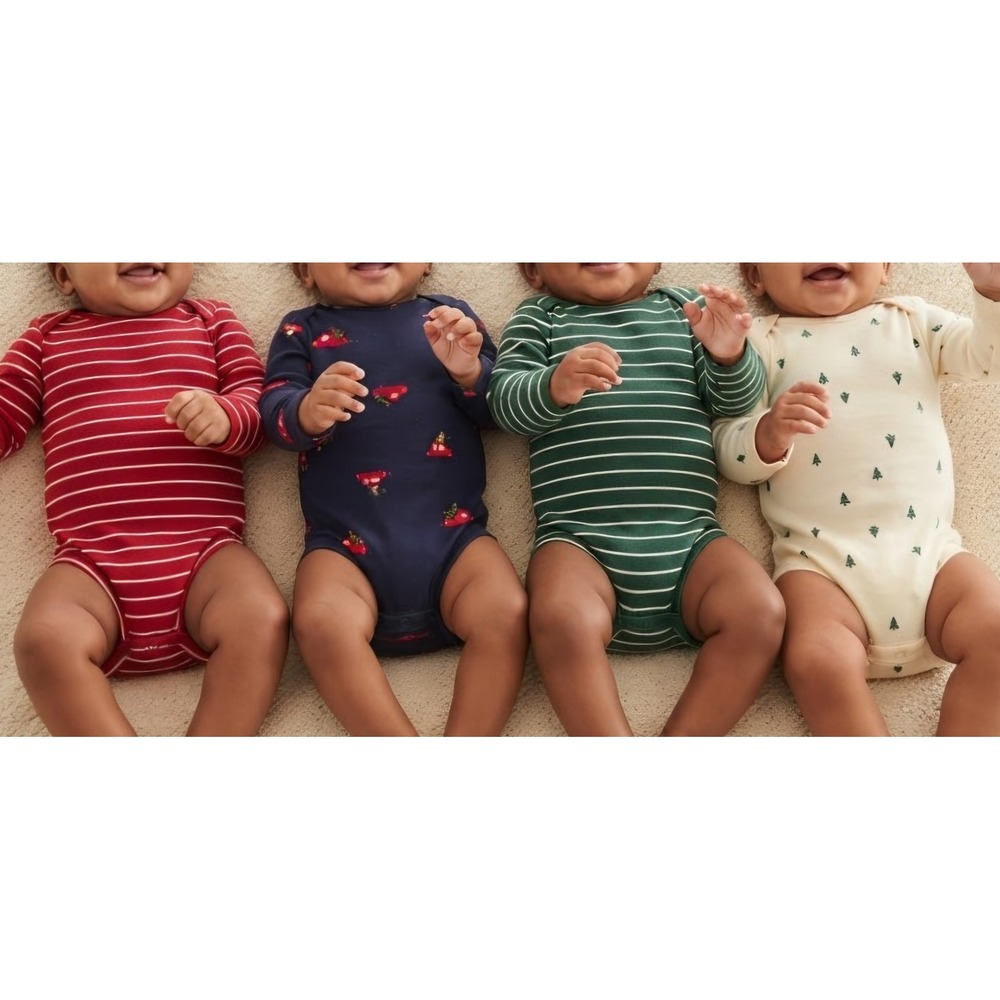 Carters Baby 4-Pack Long Sleeve Christmas Bodysuits Set 3M Red Green Navy Ivory